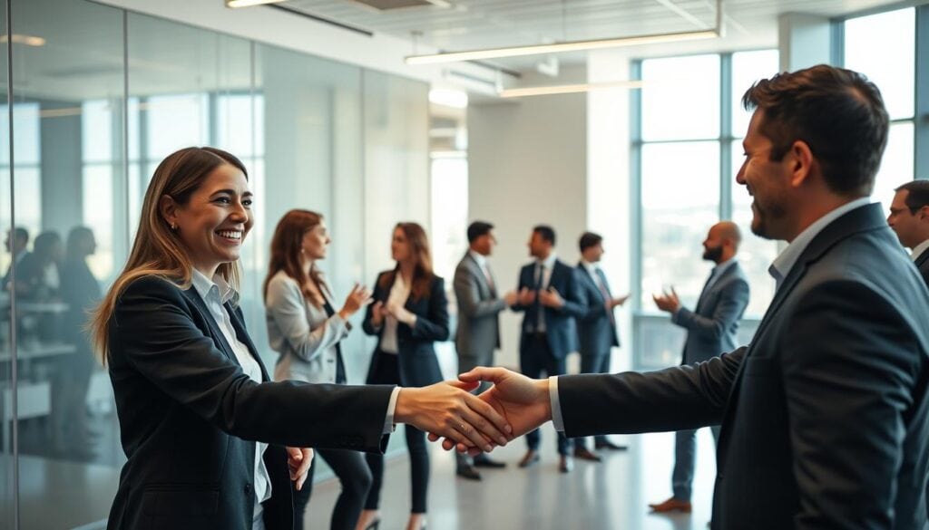 A modern, well-lit office setting with a group of professionals engaged in authentic networking. The foreground features two people shaking hands with genuine smiles, conveying an atmosphere of openness and trust. In the middle ground, several people are engaged in lively conversations, gesturing expressively. The background showcases a minimalist, sleek office design with large windows allowing natural light to filter in, creating a sense of warmth and professionalism. The scene is captured with a cinematic lens, emphasizing the importance of authentic connections in a dynamic business environment. Photorealistic quality, 8K resolution.