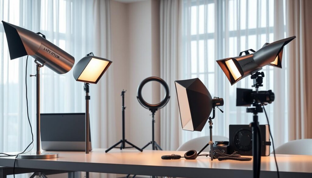 A modern, well-lit office space with a variety of lighting equipment neatly arranged on a clean, minimalist desk. Sleek, brushed-metal studio lamps with adjustable heads and diffused illumination cast warm, cinematic lighting across the scene. In the middle ground, a professional-grade ring light and a compact softbox stand ready for use. In the background, a large window offers natural daylight, gently filtering through sheer curtains. The overall atmosphere is one of thoughtful, purposeful planning - a space designed to facilitate creative content production.