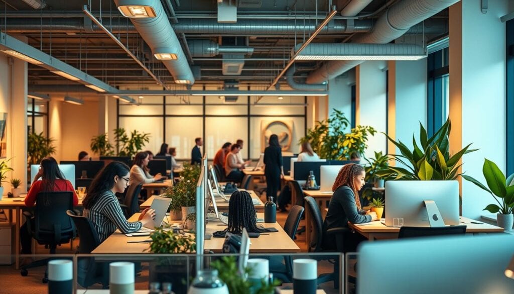 Bright office with plants and collaboration