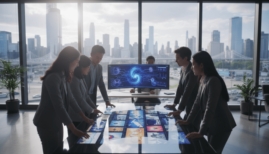 A photorealistic depiction of the AI image generation process within a modern office setting. In the foreground, a diverse group of professionals, dressed in business attire, engage collaboratively around a sleek digital interface displaying vibrant AI-generated images. The middle layer features a computer screen showcasing the intricate algorithms and neural networks at work, illuminated by soft, cinematic lighting that enhances the high-tech atmosphere. In the background, large windows reveal a bustling cityscape, adding depth to the scene. The overall mood is one of innovation and creativity, with a bright, optimistic ambiance. Capture this in 8k resolution for incredible detail and clarity.