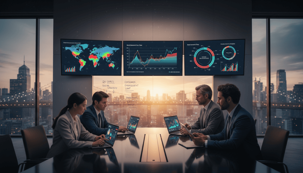 Business professionals analyzing data on tablets.