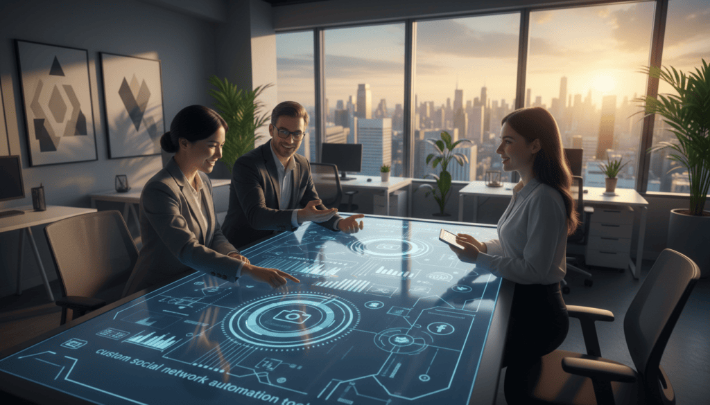 A photorealistic scene set in a modern office environment, featuring a sleek digital interface showcasing Loomly's custom social network automation tools. In the foreground, a diverse group of three professionals, dressed in smart business attire, collaborates around a large touchscreen table displaying vibrant graphs and social media icons. In the middle, a large window reveals a city skyline bathed in warm, cinematic lighting, creating an atmosphere of innovation and productivity. The background features minimalist décor, with potted plants and abstract art, enhancing the sophisticated feel of the workspace. Capture this scene in 8k resolution, focusing on details that evoke a sense of teamwork and modern technology, without any text or branding elements.