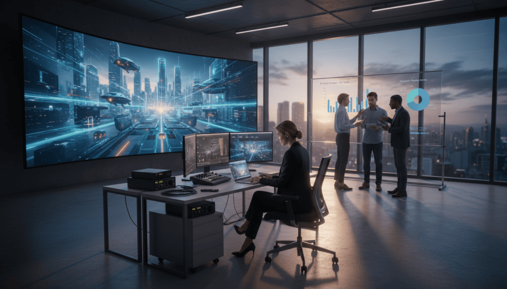 A professional and modern office setting with a large screen displaying a high-definition AI-generated video. In the foreground, a focused businesswoman in professional attire analyzes the video on a sleek laptop, surrounded by video editing equipment. In the middle, colleagues engage in discussion about video quality and realism, offering input with charts and graphs visible on a whiteboard. The background features large windows letting in natural light, accentuating the cinematic lighting atmosphere with soft shadows. The scene is captured in 8k resolution, showcasing the intricate details of the office environment, and conveying a mood of innovation and collaboration. A professional and modern office setting with a large screen displaying a high-definition AI-generated video. In the foreground, a focused businesswoman in professional attire analyzes the video on a sleek laptop, surrounded by video editing equipment. In the middle, colleagues engage in discussion about video quality and realism, offering input with charts and graphs visible on a whiteboard. The background features large windows letting in natural light, accentuating the cinematic lighting atmosphere with soft shadows. The scene is captured in 8k resolution, showcasing the intricate details of the office environment, and conveying a mood of innovation and collaboration.