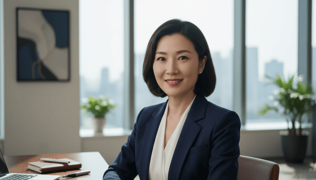 A professional headshot of a confident businessperson in a modern office setting, showcasing the impact of HeadshotPro. The individual, a middle-aged Asian woman, is dressed in a smart navy blazer and white blouse, exuding professionalism and charisma. The foreground features a softly-focused, dramatic lighting from overhead, casting gentle shadows that enhance her facial features. In the middle, a sleek wooden desk with a few elegant office supplies and a laptop adds a contemporary touch. The background presents a stylish office environment with large windows allowing natural light to stream in, giving a warm and inviting atmosphere. The image should have a photorealistic quality, captured in 8k resolution to highlight details, mimicking a cinematic depth of field effect.
