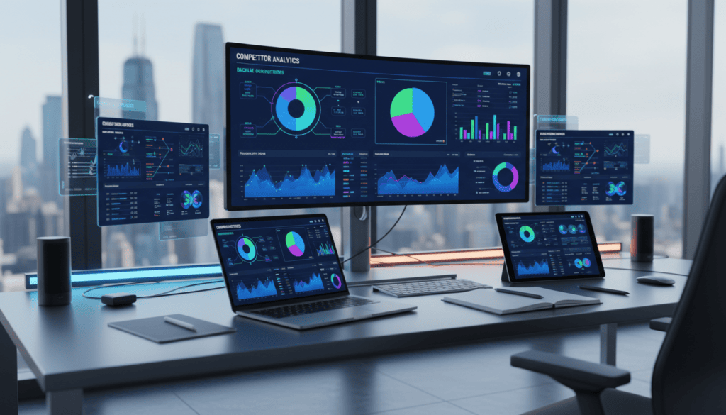 A sleek and modern dashboard showcasing competitor analysis and backlink research tools in a vibrant, high-tech office environment. Foreground elements include a large, glossy screen displaying colorful graphs, pie charts, and backlink metrics, with detailed data visualization. In the middle, organized workspace items like laptops, notebooks, and digital devices create a professional atmosphere. The background features large windows allowing natural light to flood in, combined with dynamic cinematic lighting that highlights the data on the screen. The overall mood is focused and analytical, emphasizing innovation and technology in digital marketing, with a sense of professionalism and sophistication, all in high-resolution 8k clarity.