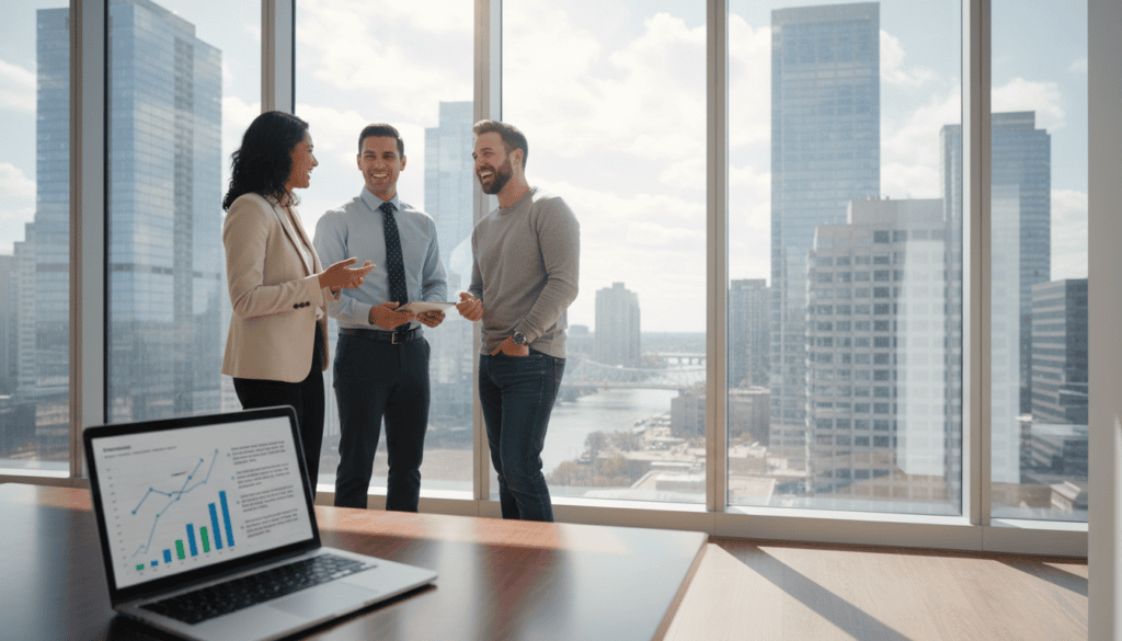 A sleek, modern office environment with a polished wooden desk in the foreground, showcasing an open laptop displaying performance metrics graphs and user testimonials. To the left, a diverse group of three professionals in business attire—one woman in a tailored blazer, one man in a crisp shirt and tie, and another in smart casual attire—engaged in a discussion, exuding a sense of collaboration. Soft, cinematic lighting filters in through large windows in the background, brightening the space while casting subtle shadows. A cityscape is visible outside, emphasizing a vibrant business atmosphere. The composition conveys a mood of professionalism, innovation, and trust, focusing on the significance of user feedback in the tech-driven workspace. Photorealistic details in 8k clarity enhance the scene without any text elements.