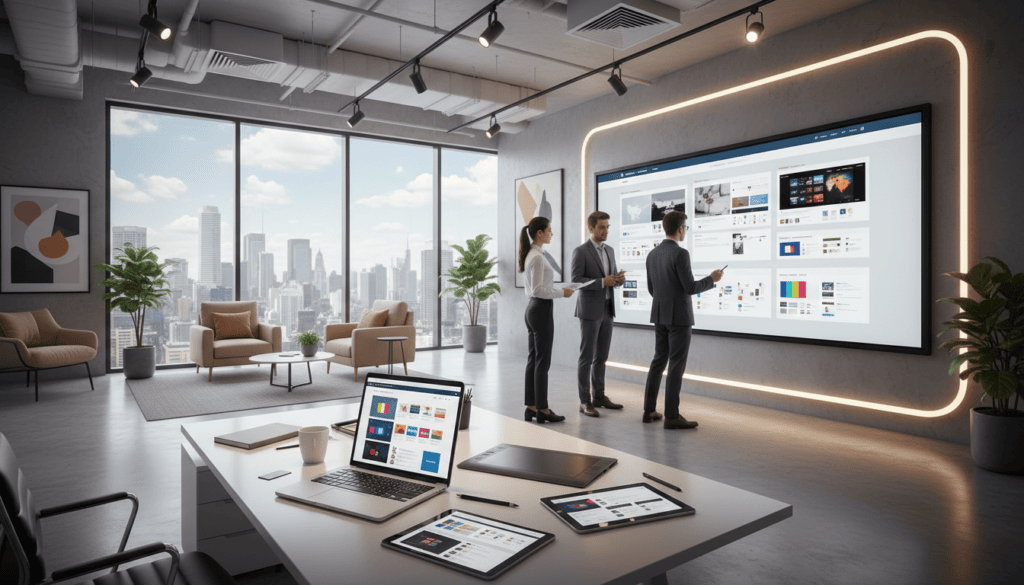 A sleek, modern office scene featuring a theme building template library, showcasing an array of digital screens displaying various website templates and design elements. In the foreground, a well-organized workstation with a high-end laptop, design tools, and colorful mockups scattered about. The middle ground highlights a large, interactive touchscreen board displaying a grid of customizable templates, with professionals in smart business attire collaborating nearby. The background features a bright, contemporary office space with large windows allowing natural light to pour in, complemented by cinematic lighting that enhances the atmosphere of creativity and innovation. The image should be in photorealistic style, captured in 8k resolution, focusing on clarity and detail without any text or branding. A sleek, modern office scene featuring a theme building template library, showcasing an array of digital screens displaying various website templates and design elements. In the foreground, a well-organized workstation with a high-end laptop, design tools, and colorful mockups scattered about. The middle ground highlights a large, interactive touchscreen board displaying a grid of customizable templates, with professionals in smart business attire collaborating nearby. The background features a bright, contemporary office space with large windows allowing natural light to pour in, complemented by cinematic lighting that enhances the atmosphere of creativity and innovation. The image should be in photorealistic style, captured in 8k resolution, focusing on clarity and detail without any text or branding.