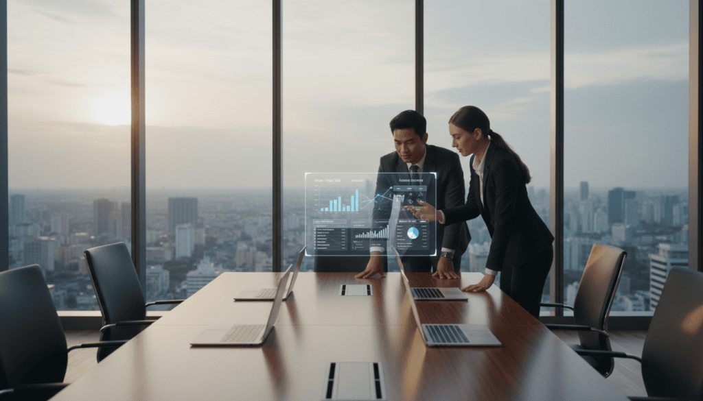 Business professionals analyzing data on digital screens.