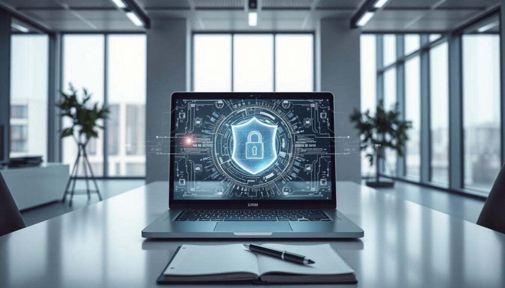 Secure digital lock icon displayed on laptop screen.