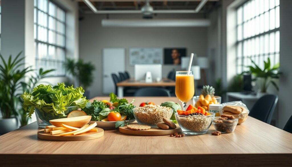 Healthy food spread on wooden table.