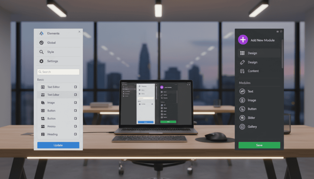 A split-screen comparison of two user interface sidebars for WordPress page builders, Elementor on the left and Divi on the right. The foreground features detailed, photorealistic sidebar designs, showcasing the different elements and icons present in each interface, such as menus, buttons, and settings. In the middle ground, a modern office desk with a laptop displaying the interfaces side by side, emphasizing usability and design. The background features a sleek, contemporary office space with soft ambient lighting, creating a clean and professional atmosphere. The scene is captured with a shallow depth of field, highlighting the sidebars and adding a cinematic touch, all rendered in 8k resolution. A split-screen comparison of two user interface sidebars for WordPress page builders, Elementor on the left and Divi on the right. The foreground features detailed, photorealistic sidebar designs, showcasing the different elements and icons present in each interface, such as menus, buttons, and settings. In the middle ground, a modern office desk with a laptop displaying the interfaces side by side, emphasizing usability and design. The background features a sleek, contemporary office space with soft ambient lighting, creating a clean and professional atmosphere. The scene is captured with a shallow depth of field, highlighting the sidebars and adding a cinematic touch, all rendered in 8k resolution.