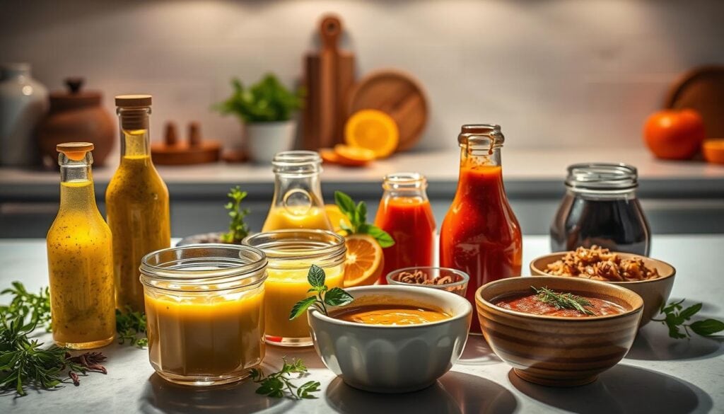 Colorful sauces and dressings displayed beautifully.