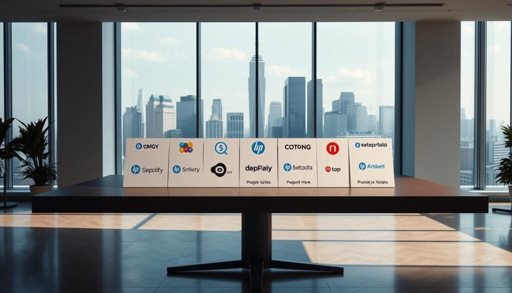 A well-lit, modern office setting with a large table showcasing various platforms for creator monetization. The table is positioned in the middle ground, with a clean, minimalist backdrop of a full-length window overlooking a city skyline. Soft, cinematic lighting creates a professional and sophisticated atmosphere, highlighting the sleek designs and logos of the featured platforms. The camera angle is slightly elevated, providing a comprehensive view of the comparative offerings. The overall scene exudes an air of authority and informed decision-making, perfectly complementing the article's subject matter. Office skyline with company logos on table.