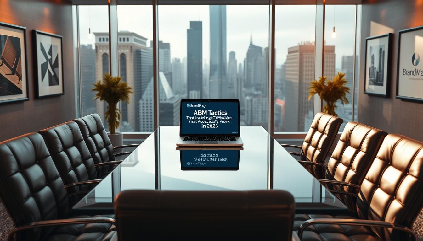 Modern conference room with city skyline and presentation screen.