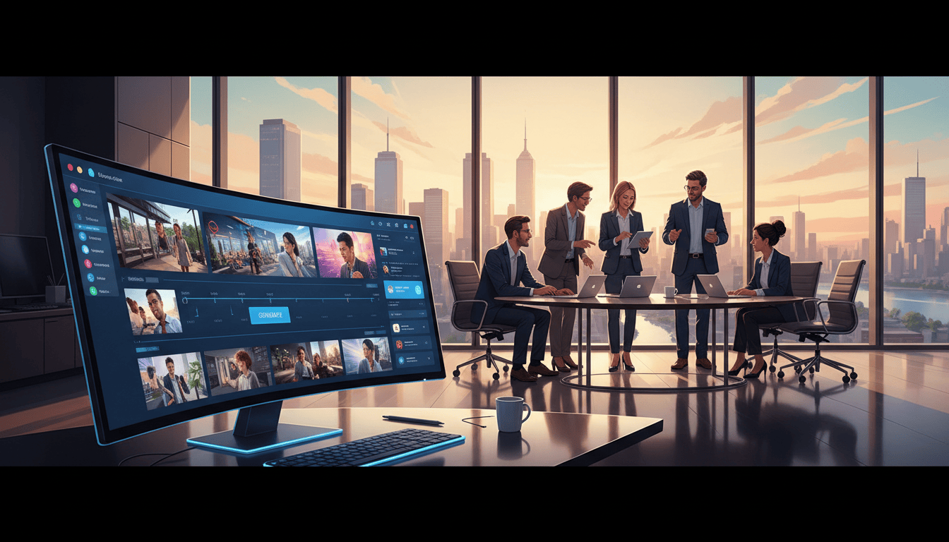 Team of professionals discussing project in high-rise office.