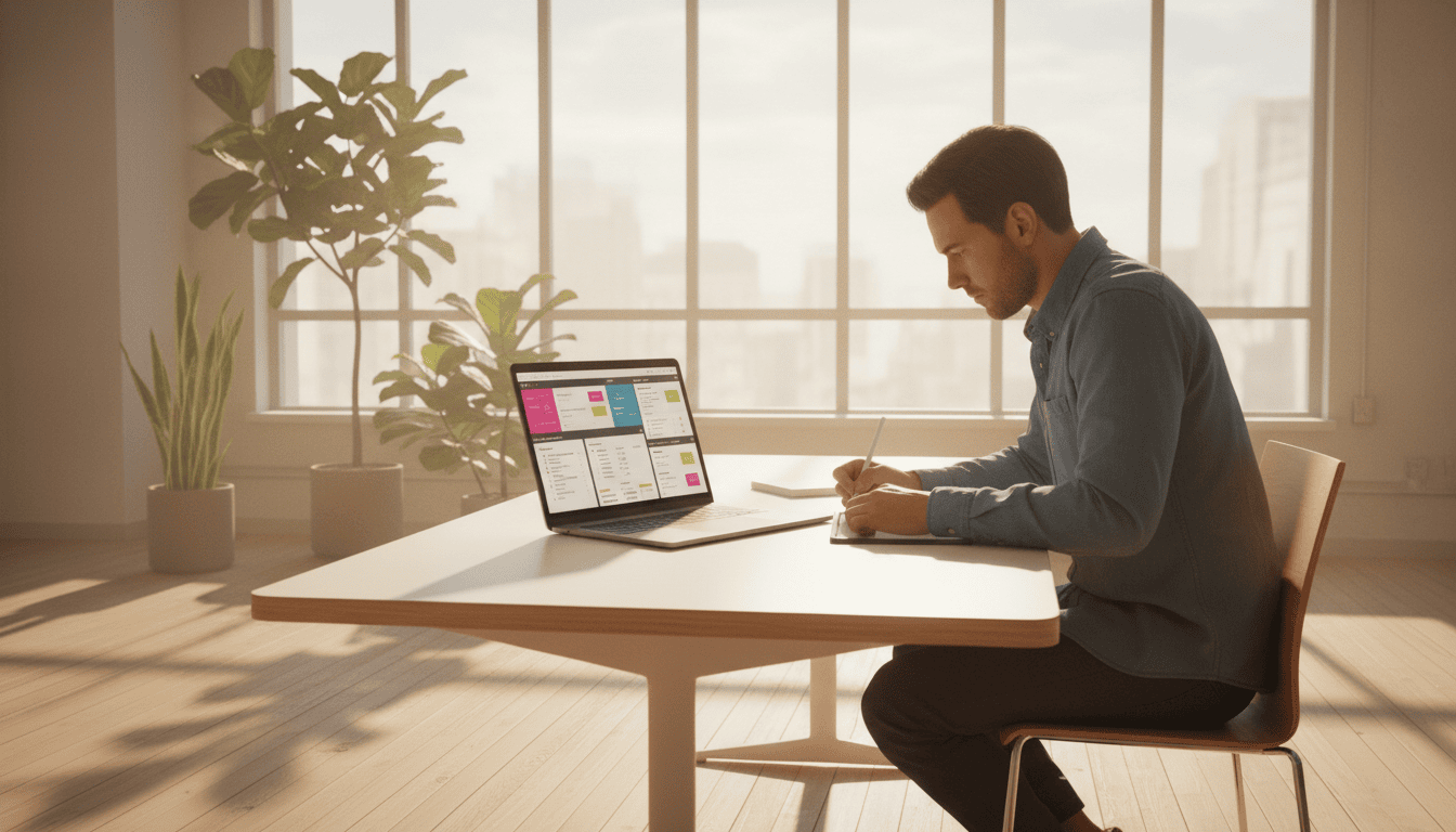 Man working on laptop at home office desk.