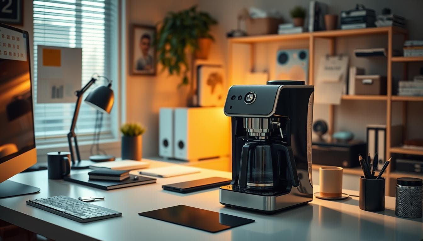 Modern coffee maker in workspace setting.
