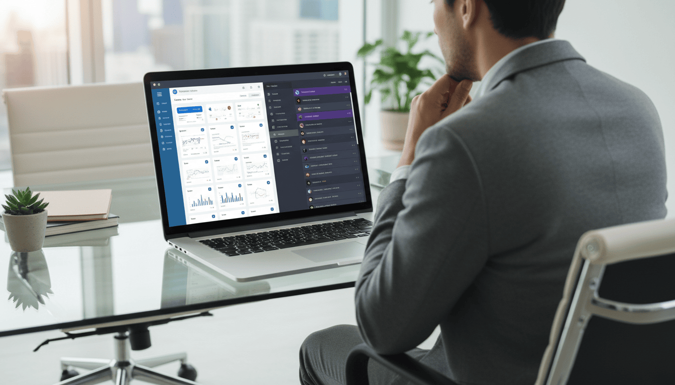 Business professional reviewing analytics dashboard.