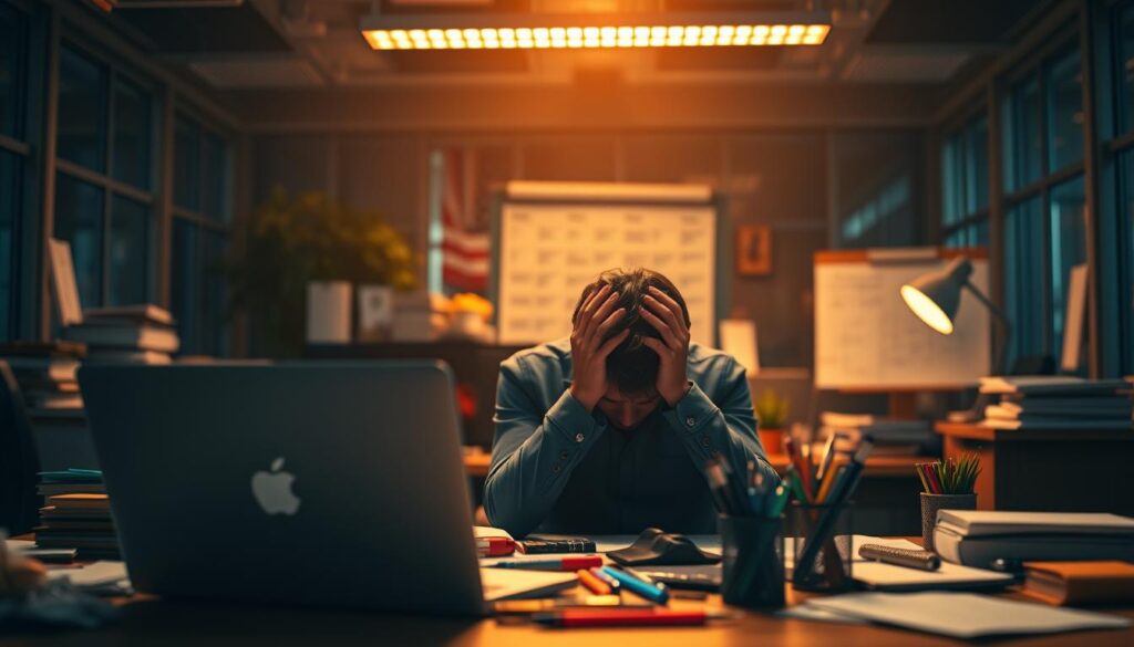 Busy office with scattered desk, person with head in hands