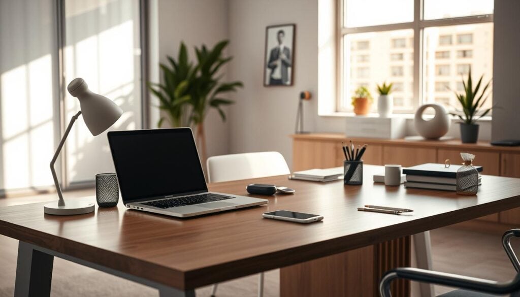 Clean workspace with laptop and phone