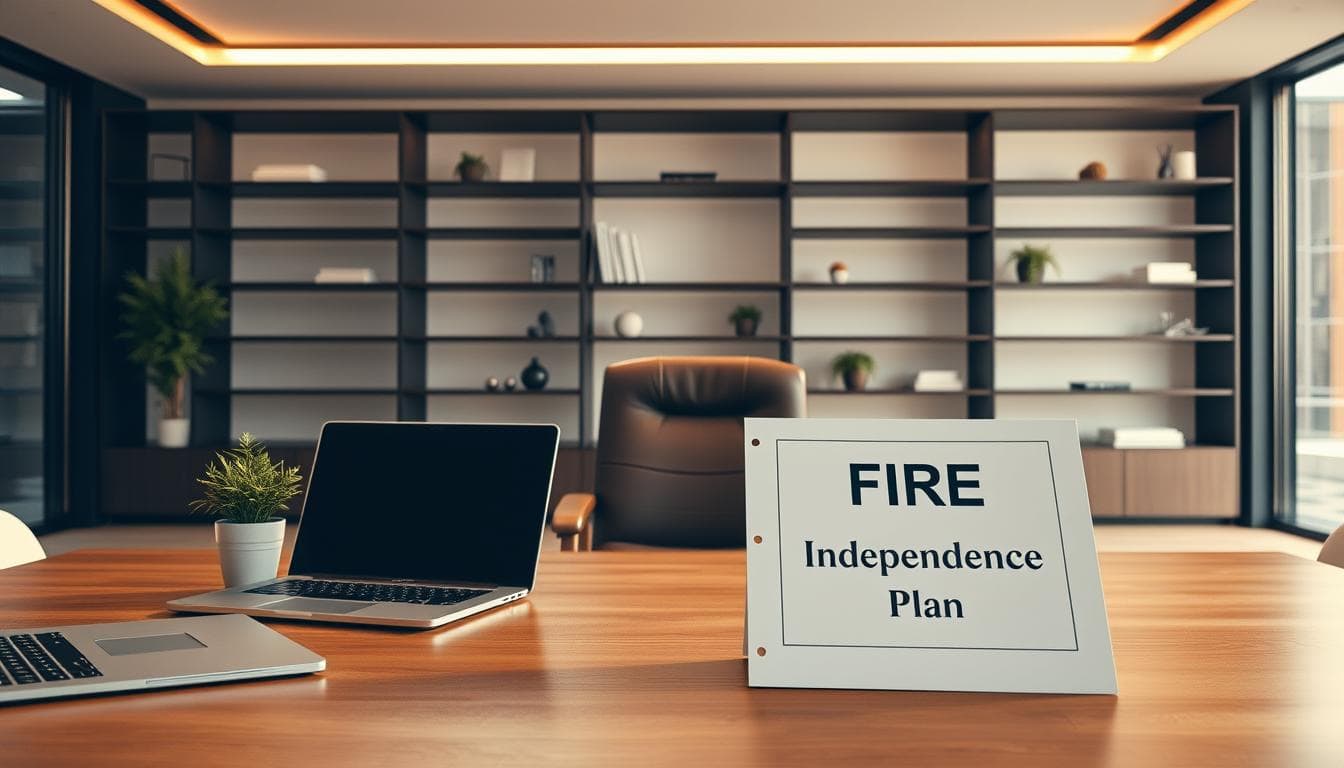 Sign for fire independence plan on office desk.