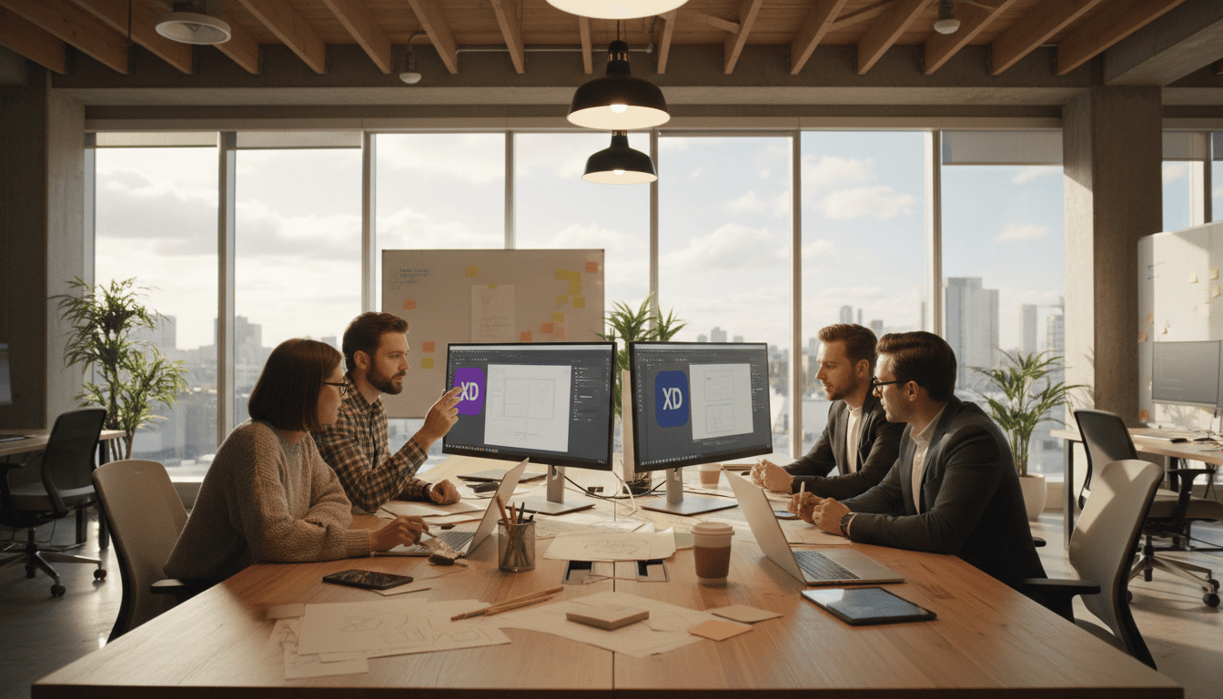 Business team collaborating around a conference table with laptops and monitors.