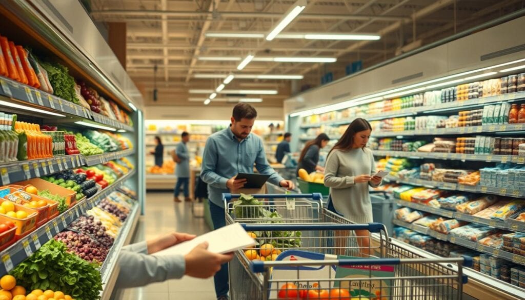 Busy supermarket with shoppers and carts.