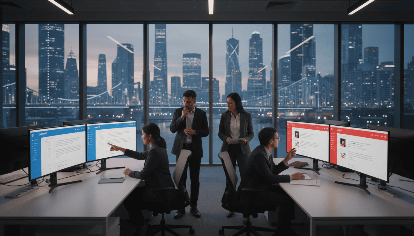 Business team collaborating in high-rise office.