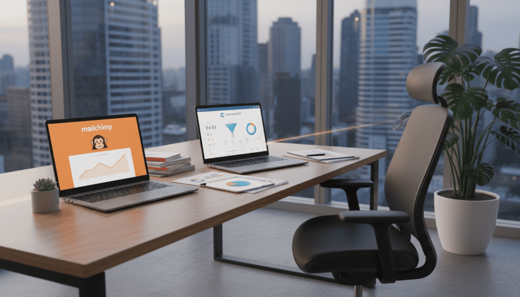 Modern office workspace with laptops and city skyline.