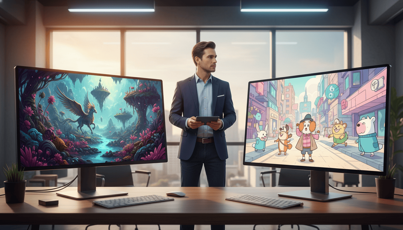 Businessman standing between two large computer screens in modern office.