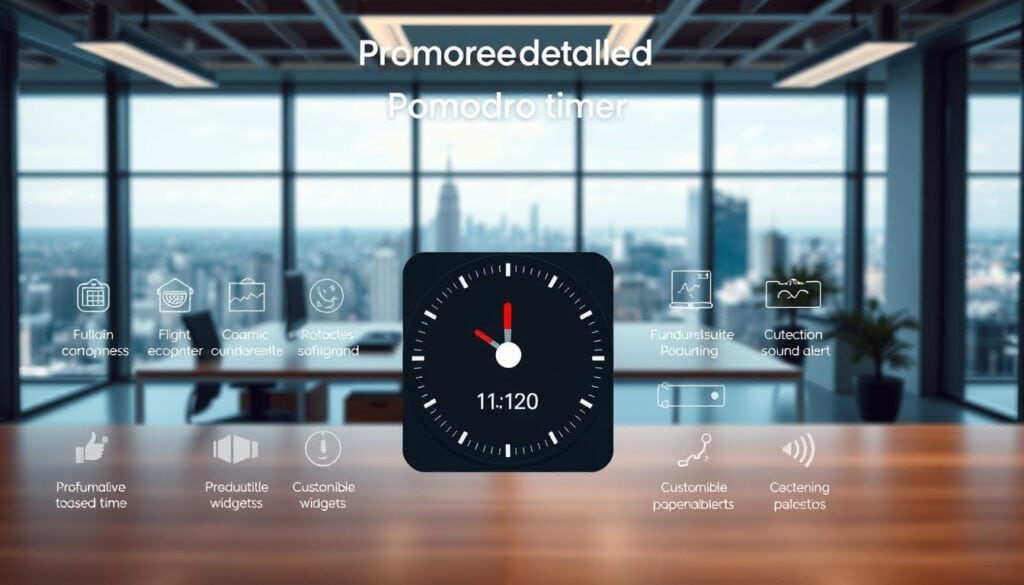 Office desk showing a pomodoro timer interface with adjustable settings and charts