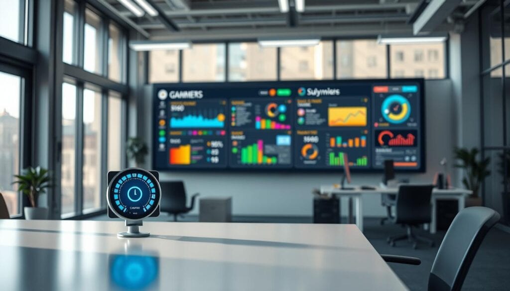 Office scene with gamified productivity interface