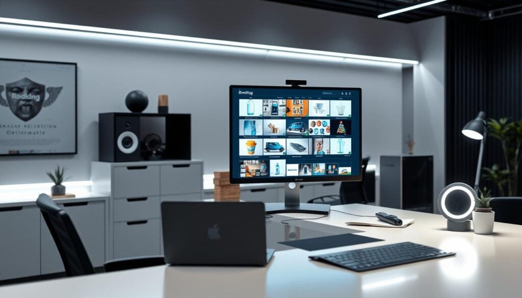 Office setup showing image recognition tools analyzing product photos
