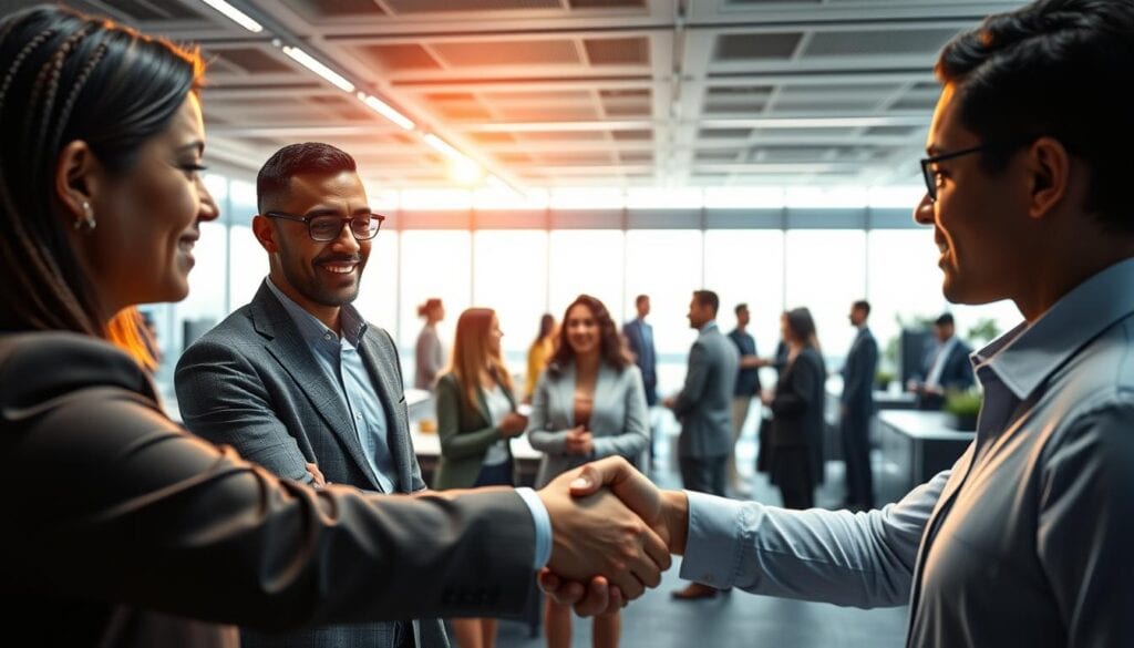 Photorealistic business people redefining the concept of networking in a modern office setting. Cinematic lighting illuminates the scene, capturing a sense of focus and determination. The foreground features a handshake between two professionals, conveying a more authentic, human-centric approach to building connections. In the middle ground, a group of diverse individuals engage in thoughtful discussions, suggesting the importance of diverse perspectives. The background showcases an expansive, well-appointed office space, reflecting the evolving nature of professional interactions. Rendered in 8k resolution for maximum detail and impact.