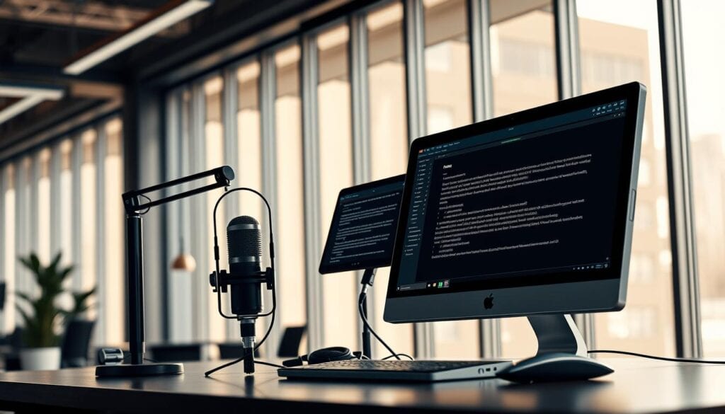 Modern office with computers and microphone.