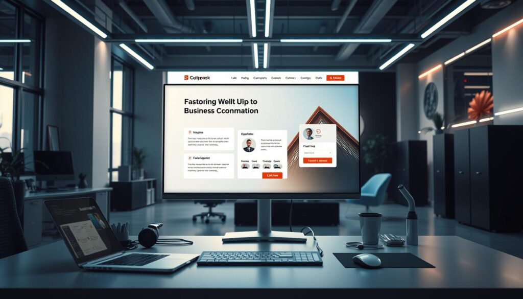 Photorealistic modern office interior with cinematic lighting and a large, user-friendly website interface prominently displayed on multiple monitors. The website features clean, intuitive navigation, captivating visuals, and conversion-focused elements like email opt-in forms and call-to-action buttons. In the foreground, a desk with a laptop, mouse, and other office accessories creates a sense of a professional, productivity-driven environment. The middle ground showcases the website design in high detail, while the background features sleek, minimalist decor and architectural elements that complement the overall aesthetic. The overall mood is one of a well-designed, conversion-optimized website within a sophisticated, tech-savvy office setting.