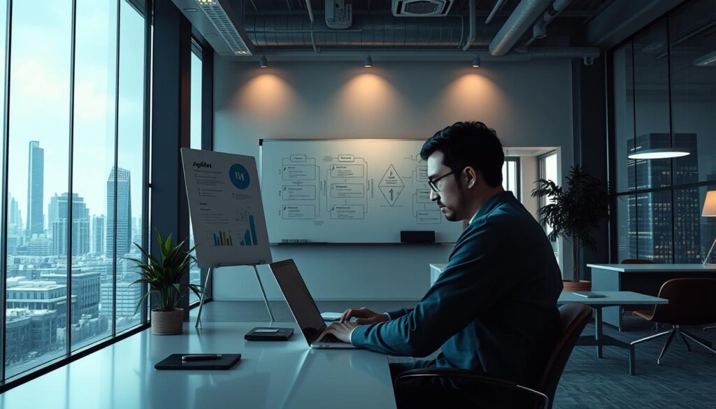 Business professional using laptop in office with city view.