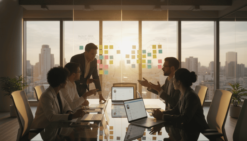 Business team discussing project strategy.