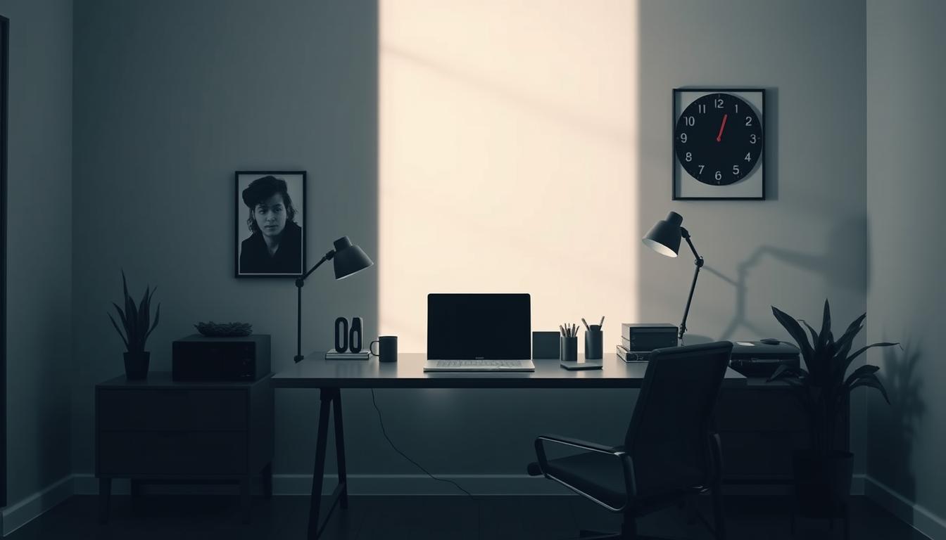 Modern office desk with clock and framed photos.