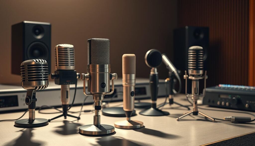 assortment of studio microphones on a desk