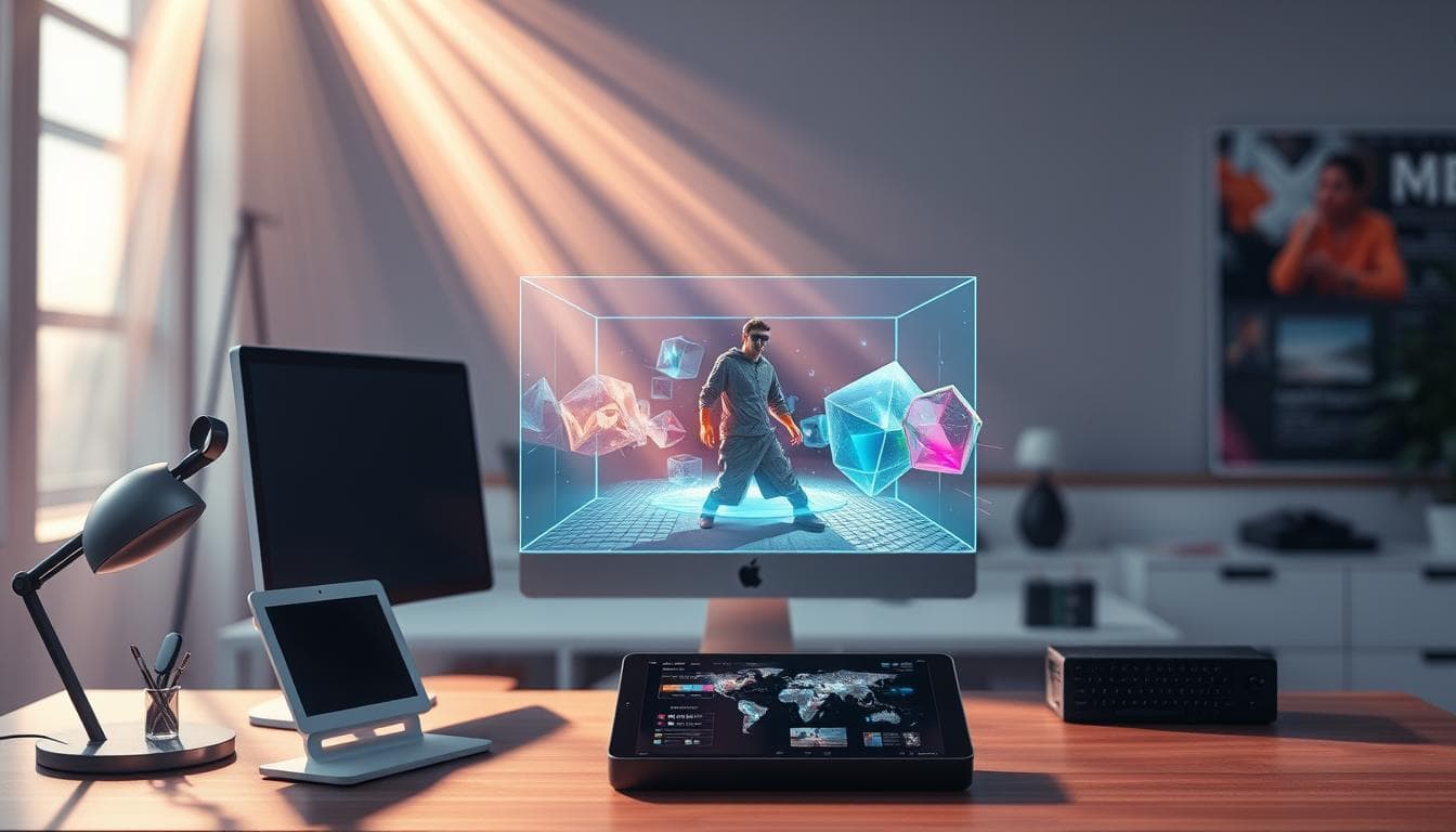 Futuristic digital hologram of a person in virtual reality.