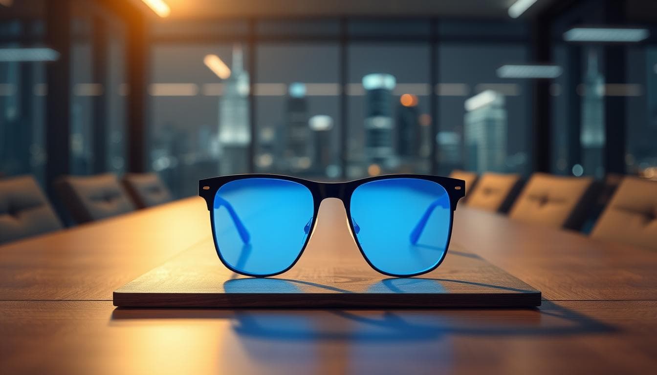 Sunglasses with blue lenses on table in conference room.