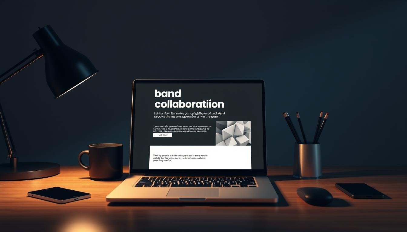 Laptop displaying band collaboration website with text and images.