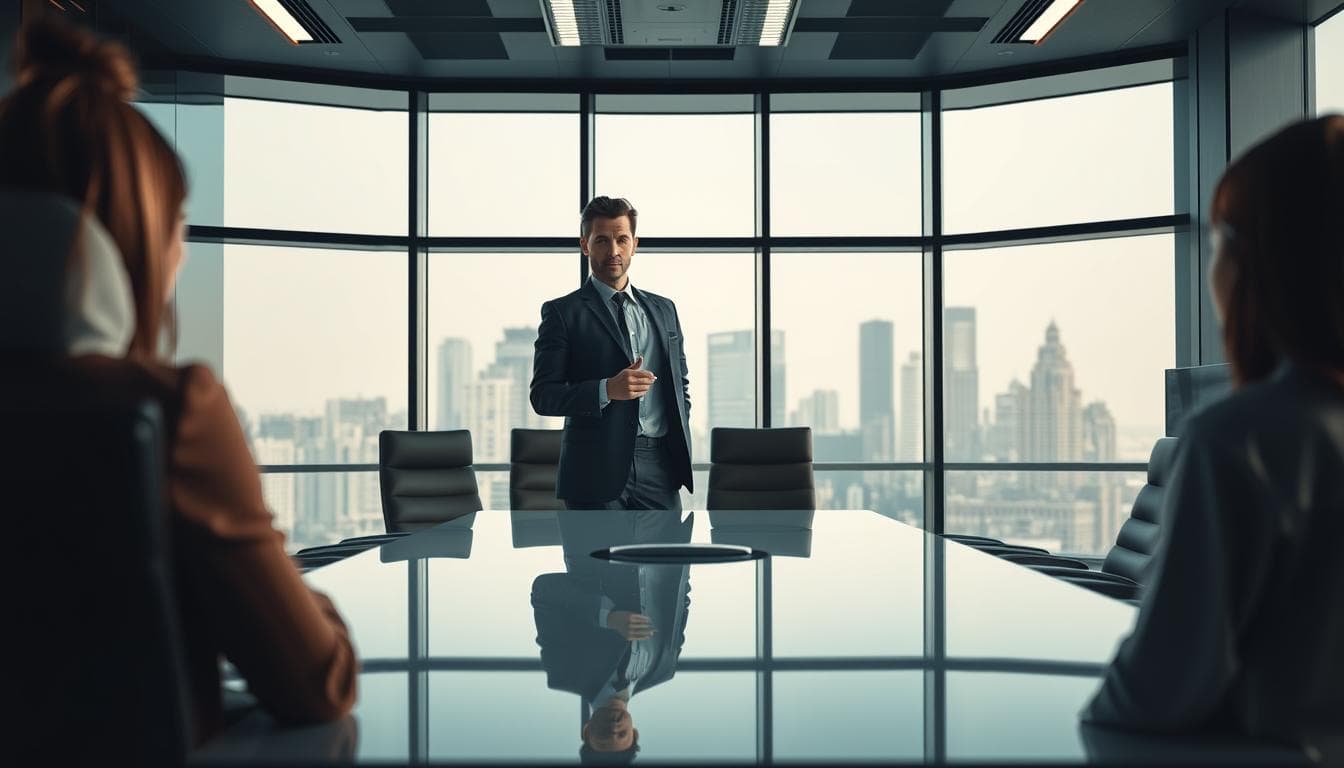 Business meeting with a man presenting to colleagues in a high-rise office.