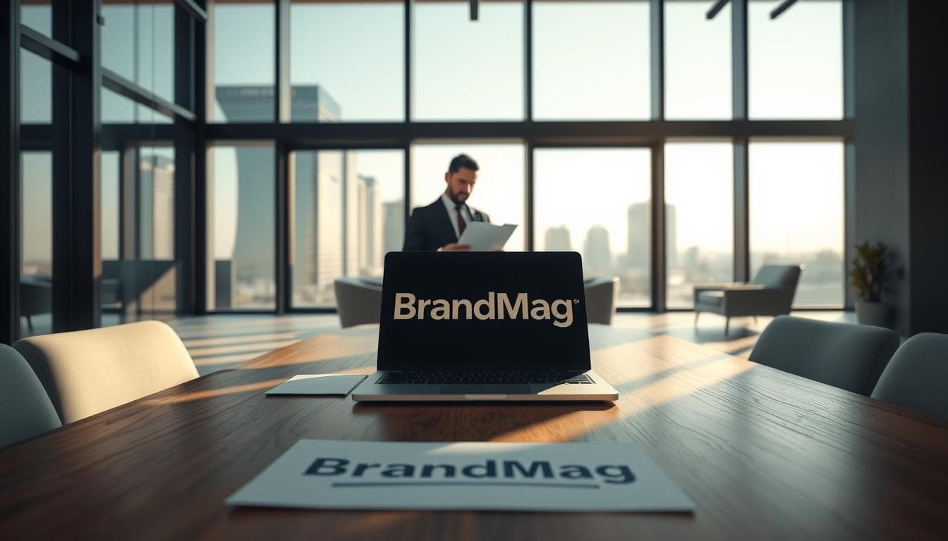 Business professional using laptop with BrandMag logo.