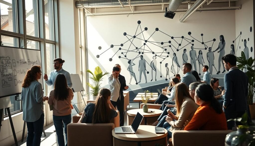Group of professionals collaborating in a bright, modern office space.