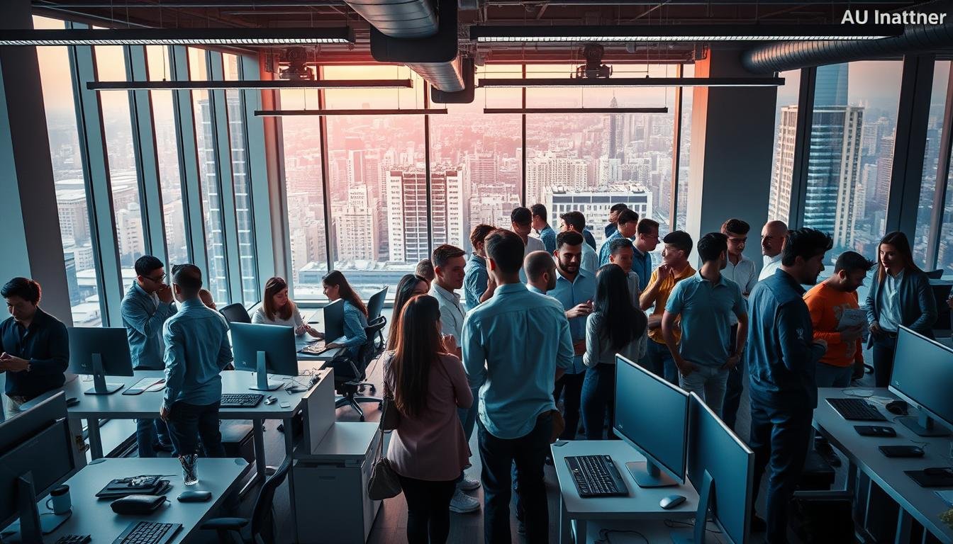 Team collaborating in modern office space.