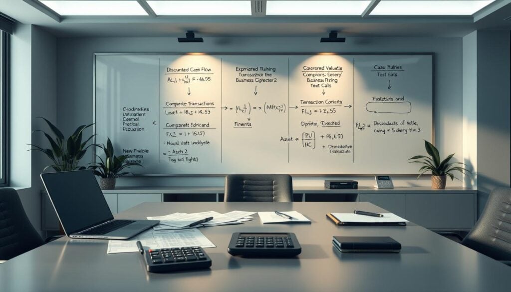 Whiteboard with financial diagrams and notes.