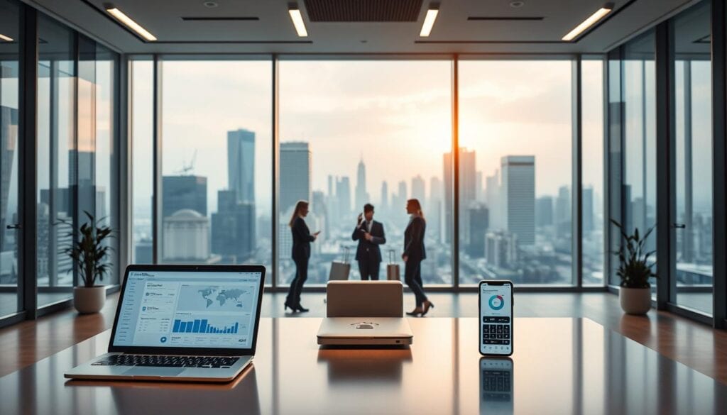 Business professionals discussing in high-rise office with city view.