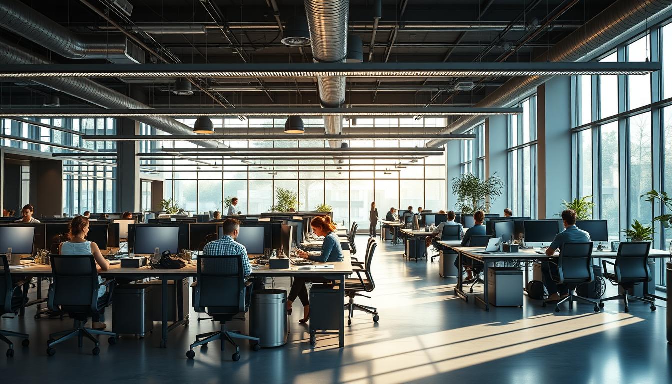 Modern office with employees working at computers in bright, open space.